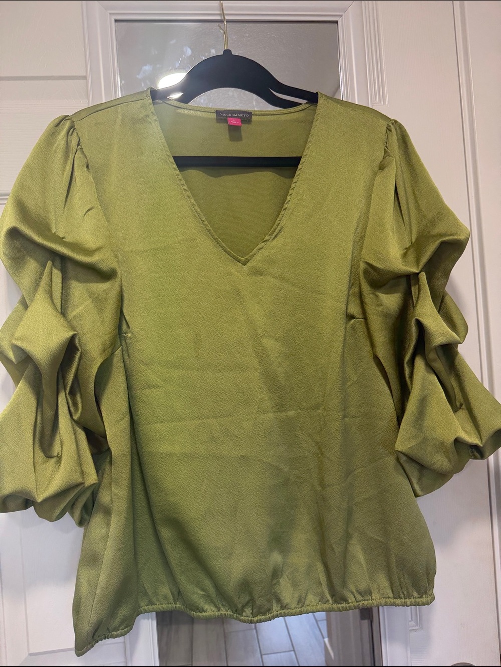 Olive Green V-Neck Puff Sleeve Women's Top